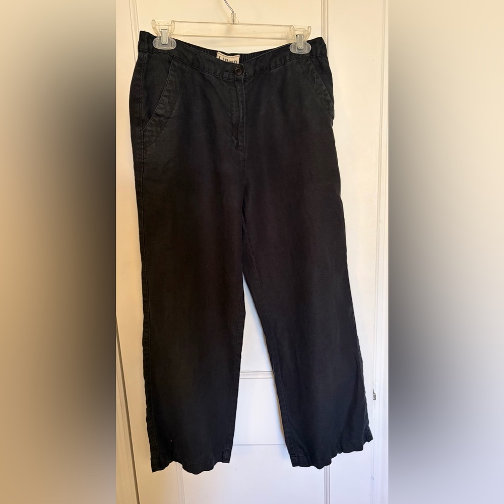 LL Bean 100% Linen Black Pants Size 10P Petite Classic Fit Relaxed Straight Leg